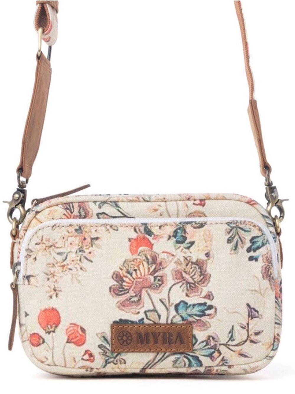 Myra Bag Cream Floral Canvas Crossbody with Tan Strap